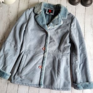 GALLERY Blue Faux Suede Shearling Coat PS